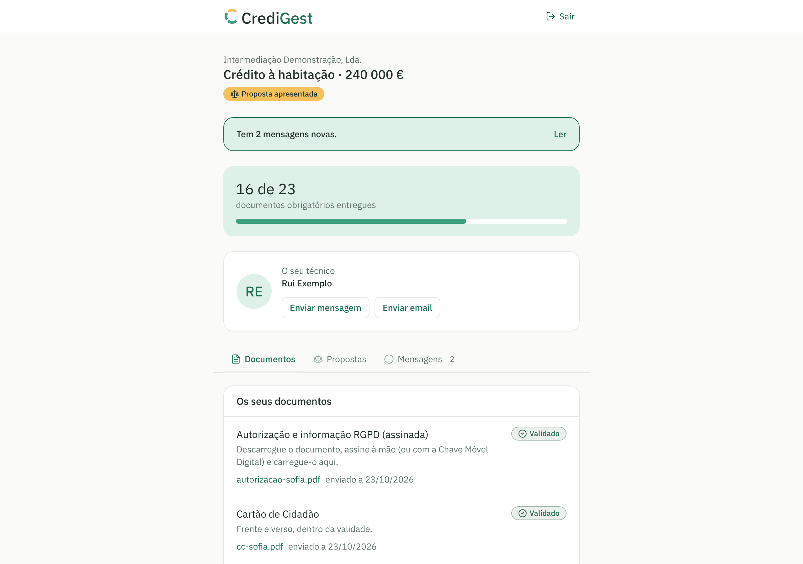 A área de cliente, com os documentos a entregar